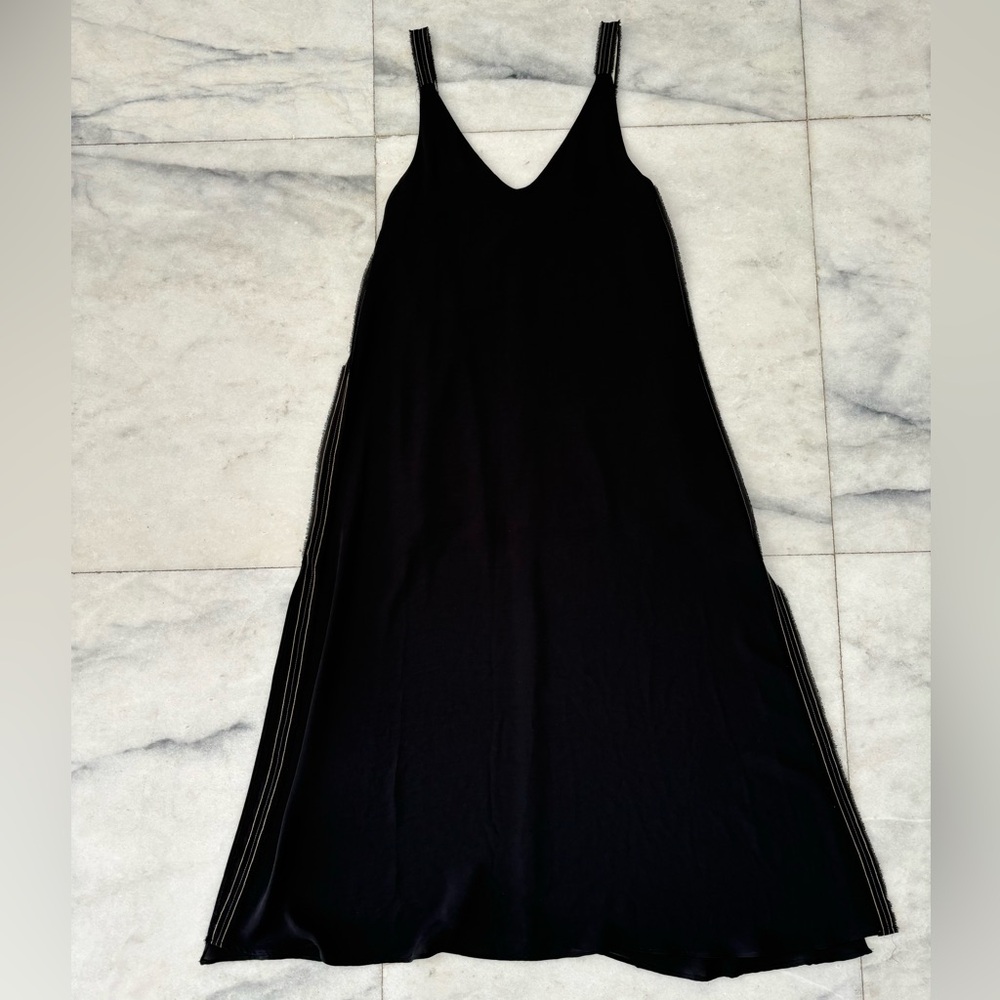 ZARA Maxi Dress Black Slit Chiffon V Neck Womens S Boho Whimisigoth Lagenlook